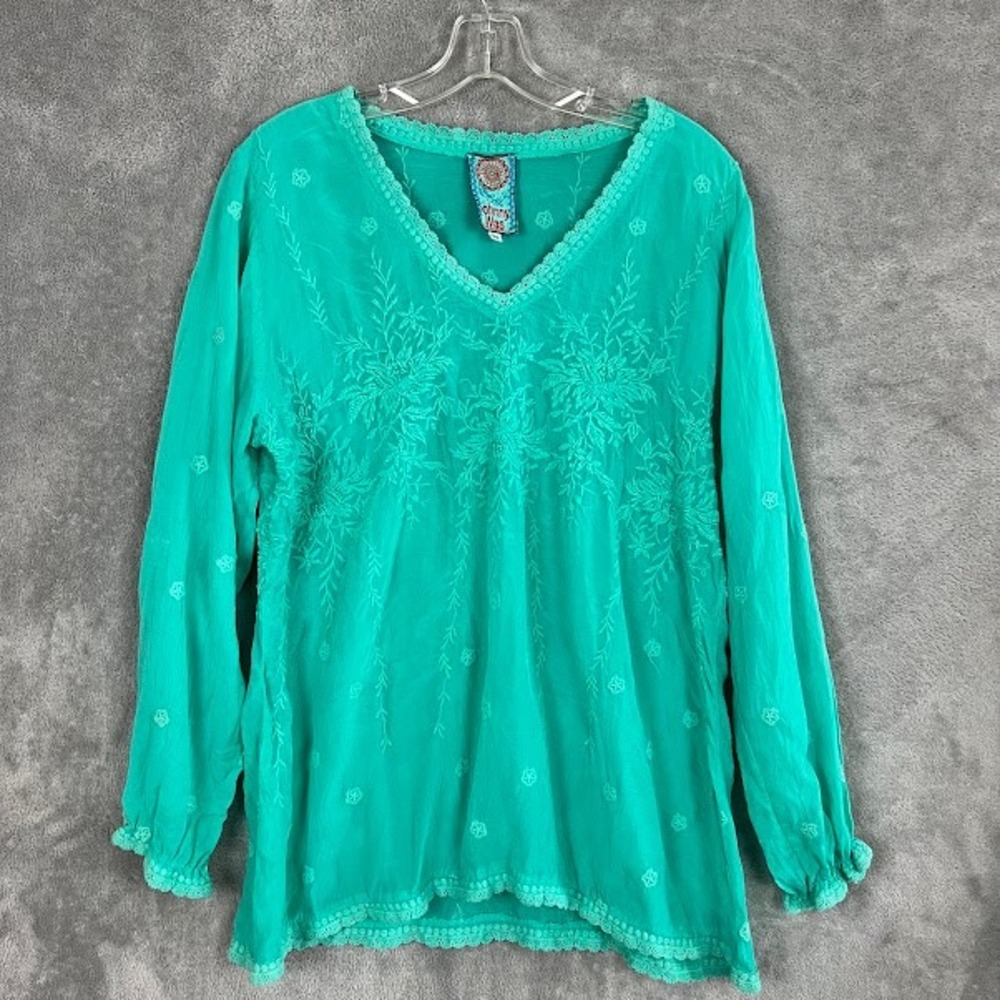 Johnny Was Blouse Womens PM Embroidered Lace Trim Teal Boho Cottagecore